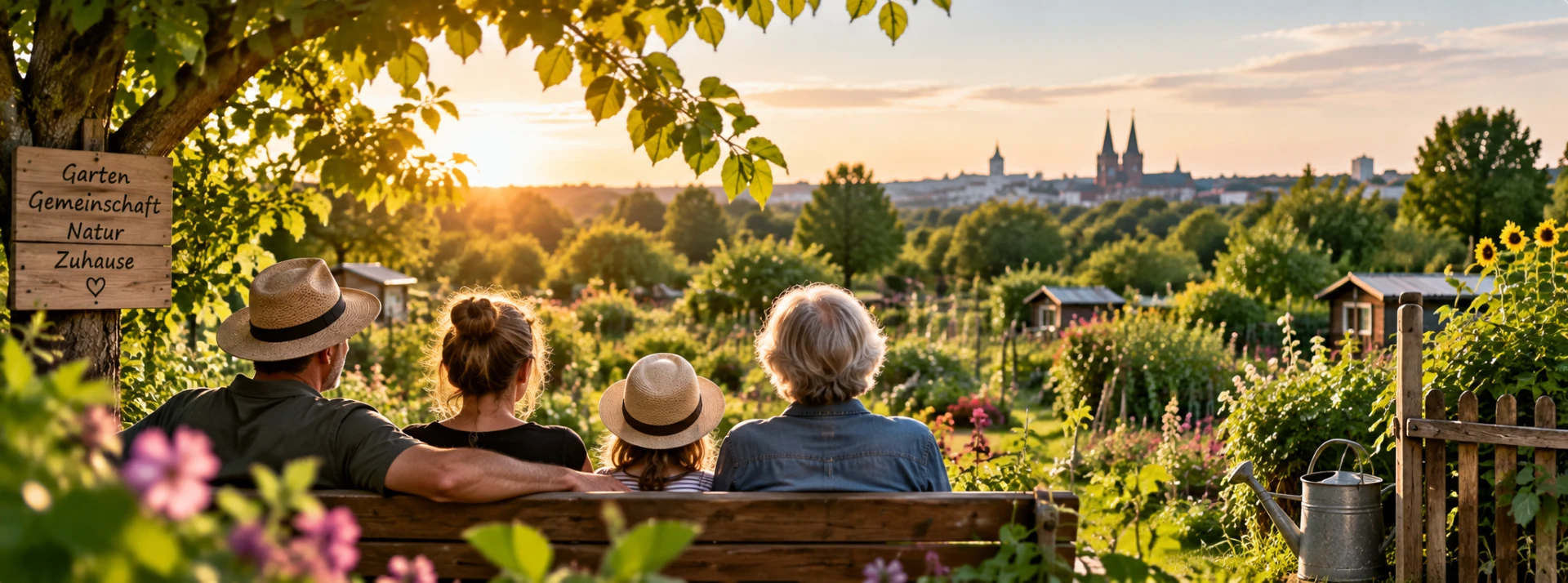 Familie auf einer Bank mit Blick über die Gartenanlage und die Stadt Basel