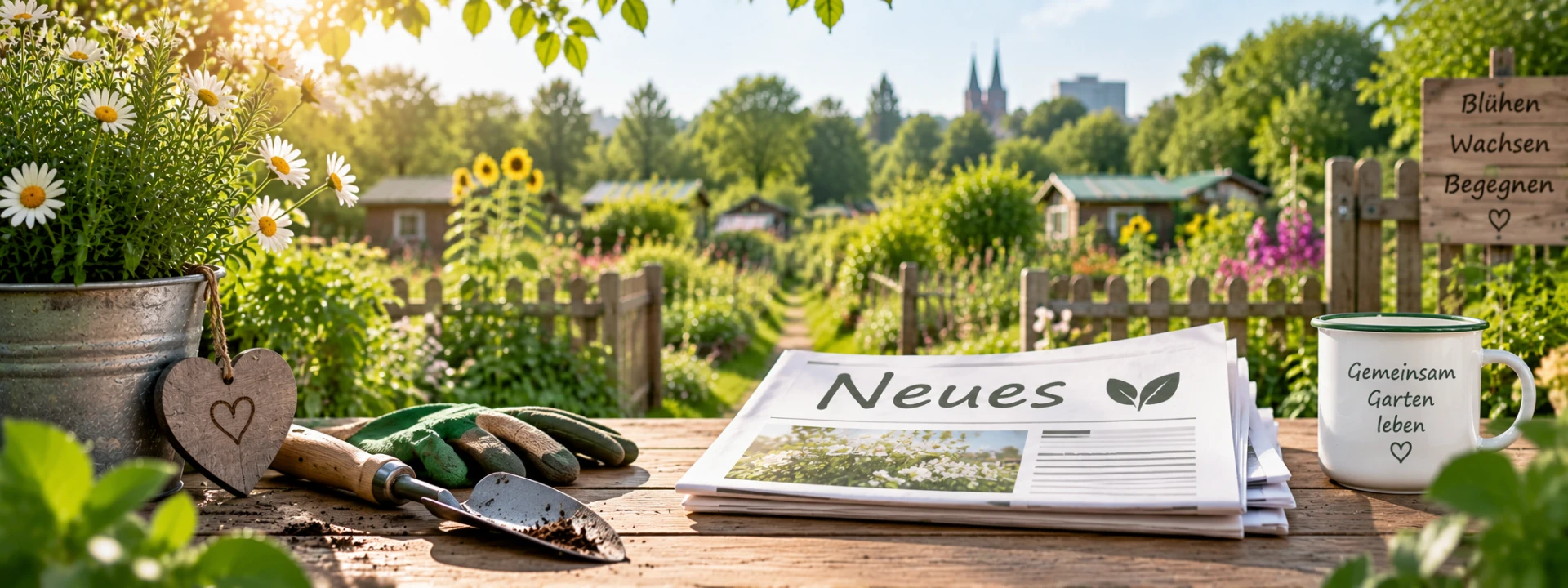 Gartenzeitung auf einem Holztisch in der Gartenanlage