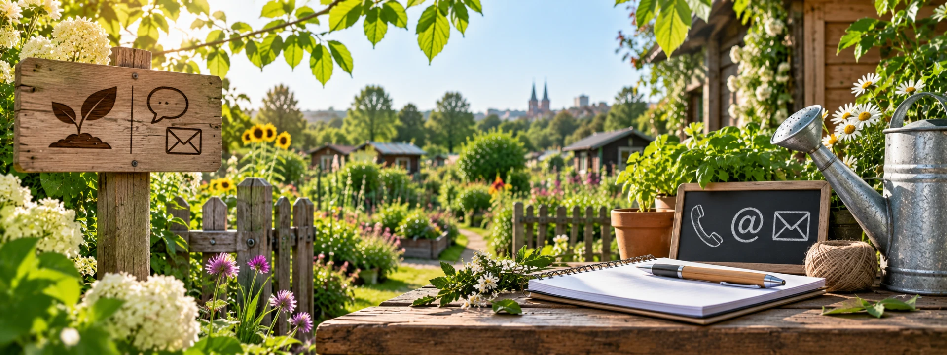 Wegweiser, Notizblock und Giesskanne in der Gartenanlage