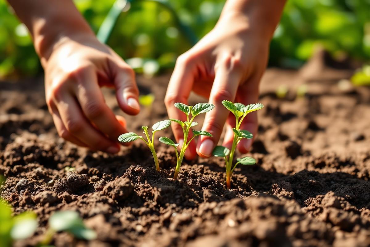 Junge Pflanzen werden in die Gartenerde gesetzt