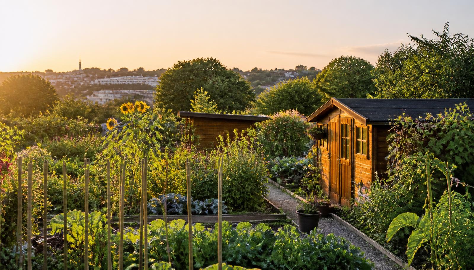 Familiengärten im Abendlicht mit Gemüsebeeten und Gartenhäuschen